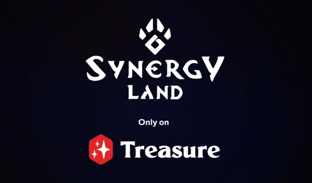 Grafika przedstawiająca logo gry Synergy Land oraz platfromy Treasury