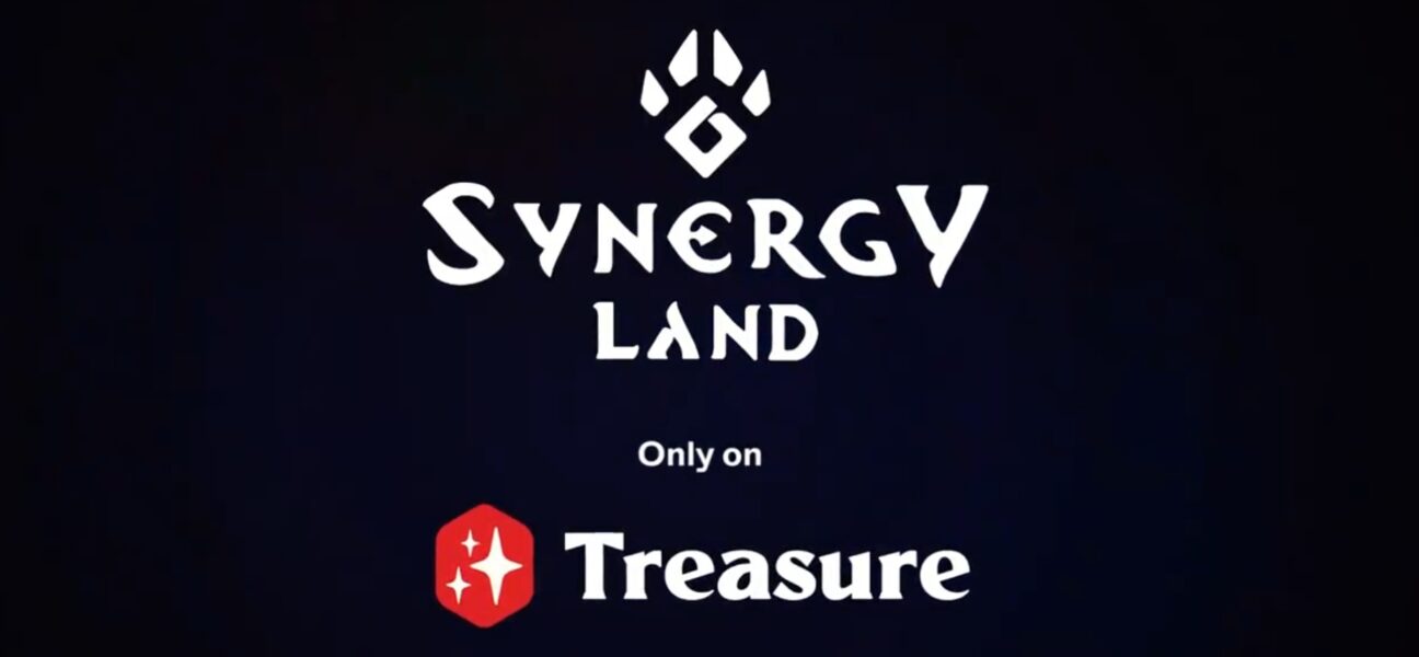 Grafika przedstawiająca logo gry Synergy Land oraz platfromy Treasury