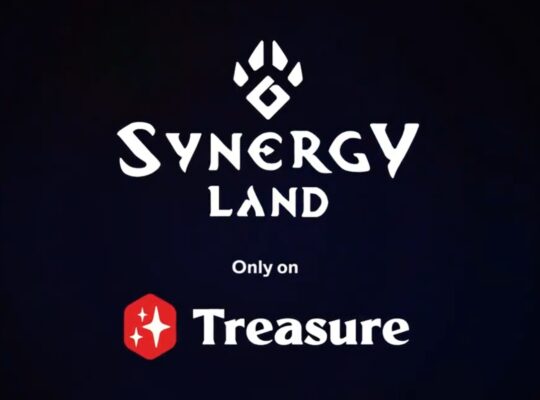 Grafika przedstawiająca logo gry Synergy Land oraz platfromy Treasury