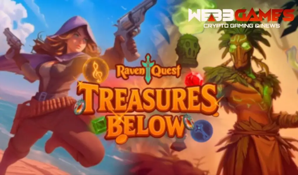 „Dwóch bohaterów z gry RavenQuest na tle napisu The Treasures Below – grafika promująca dodatek