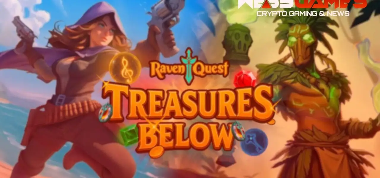 „Dwóch bohaterów z gry RavenQuest na tle napisu The Treasures Below – grafika promująca dodatek