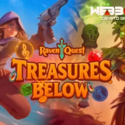 „Dwóch bohaterów z gry RavenQuest na tle napisu The Treasures Below – grafika promująca dodatek