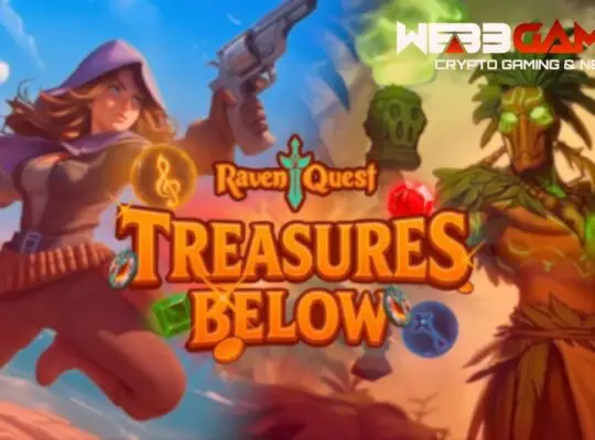 „Dwóch bohaterów z gry RavenQuest na tle napisu The Treasures Below – grafika promująca dodatek