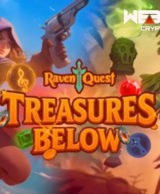 „Dwóch bohaterów z gry RavenQuest na tle napisu The Treasures Below – grafika promująca dodatek