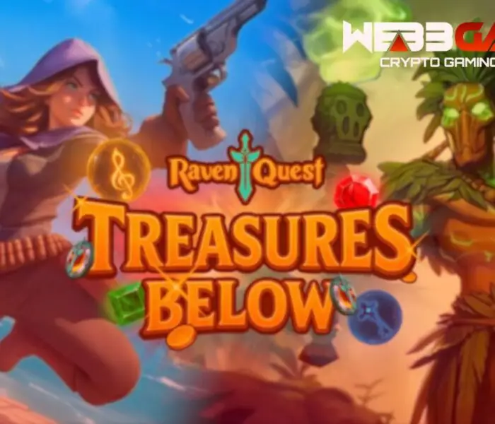 „Dwóch bohaterów z gry RavenQuest na tle napisu The Treasures Below – grafika promująca dodatek