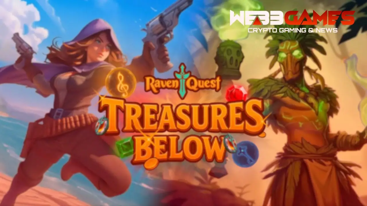 „Dwóch bohaterów z gry RavenQuest na tle napisu The Treasures Below – grafika promująca dodatek